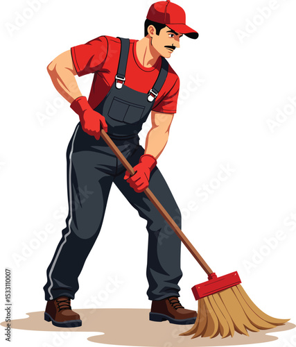 Cartoon janitor sweeping floor illustration vector graphic cleaning service worker with mop and uniform design