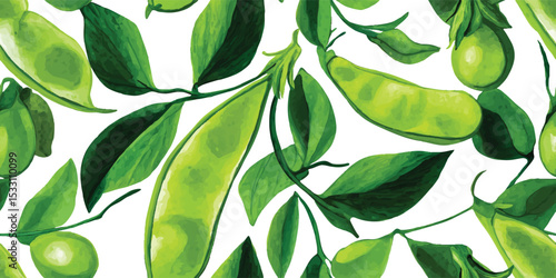 Fresh Green Pea Pods and Leaves Seamless Pattern. Garden Vegetable Botanical Design for textile, packaging, fabric, wallpaper, branding, stationery, wrapping paper interior decor.