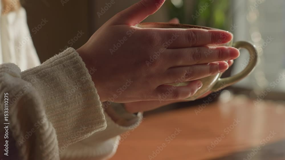 Close up of fair skin lady with glasses gently holding warm tea cup near window as soft sunlight highlights her hand, thoughtful ambiance with delicate textures of sweater and ceramic cup in focus Close up of fair skin lady with glasses gently holding warm tea cup near window as soft sunlight highlights her hand, thoughtful ambiance with delicate textures of sweater and ceramic cup in focus