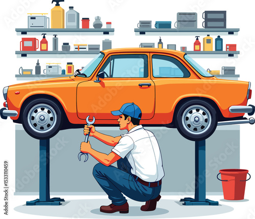 Car mechanic repairing orange vehicle auto repair shop automotive service maintenance and inspection work