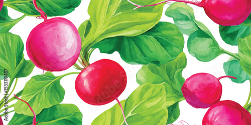 Vibrant Radish and Green Leaves Seamless Pattern. Fresh Garden Vegetable Botanical Design for textile, packaging, fabric, wallpaper, branding, stationery, wrapping paper interior decor.