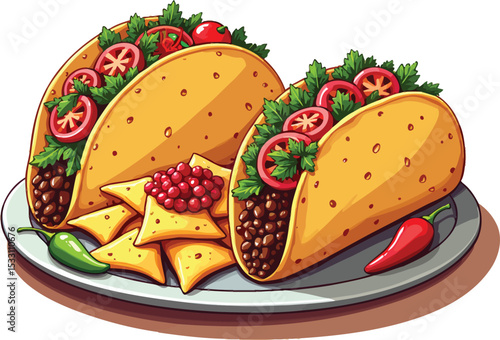 Delicious tacos with toppings and nachos vector illustration food photography art style image