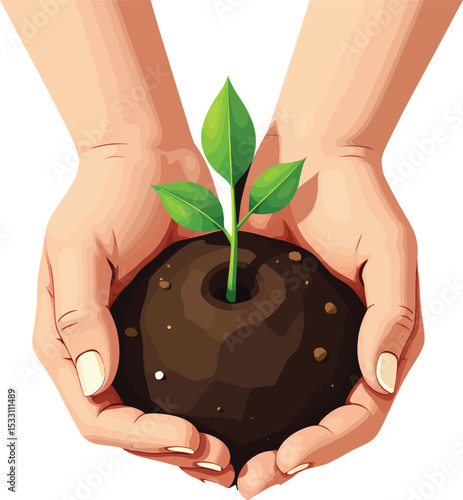 Planting seedling illustration: hands holding soil with a green sprout for nature and growth concept