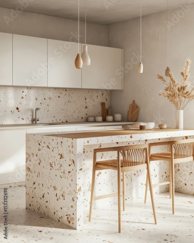This Japandi style kitchen boasts matte white cabinets with oak accents, a terrazzo countertop, built-in LED strip lighting, and sculptural pendant lights that add to its aesthetic