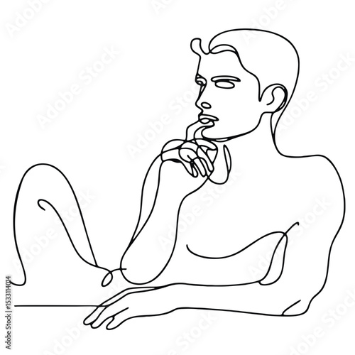 Skepticism: elegant man in theatrical pose drawn with single continuous line — minimalism, emotions and artistic simplicity.