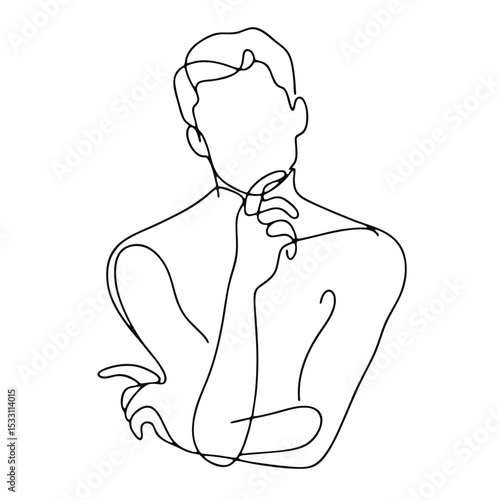 Skepticism: elegant man in theatrical pose drawn with single continuous line — minimalism, emotions and artistic simplicity.