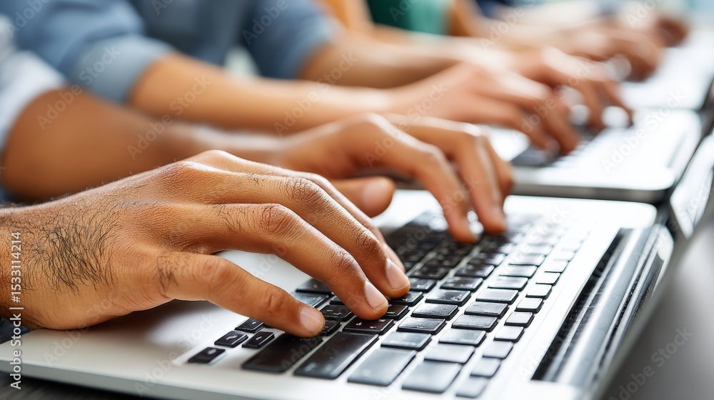 Close-up of hands typing on a laptop keyboard in a collaborative work environment Close-up of hands typing on a laptop keyboard in a collaborative work environment