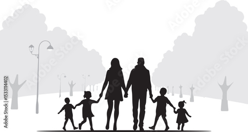 Outdoor family silhouette vector showing parents and kids enjoying nature, walking or playing together in a wholesome moment, minimal flat design on clean white background