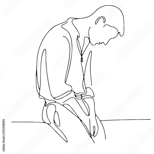 Submission — elegant man in emotional theatrical pose of surrender. Minimalist single-line continuous drawing.