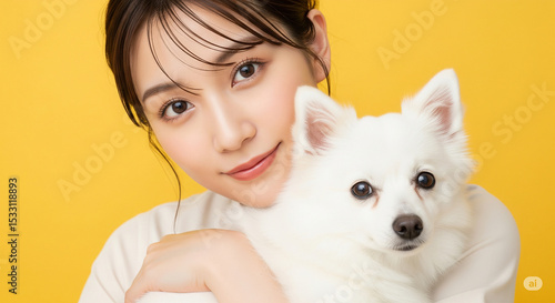 Close-Up of a Japanese Woman with Calm Expression Holding a Small White Dog