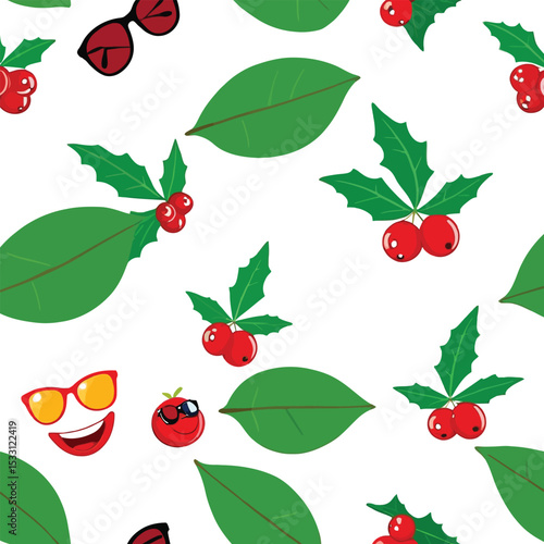 Whimsical Vector Pattern Of Green Leaves Holly Berries And Smiling Tomato Wearing Sunglasses On A White Background For Textile And Gift Wrap Designs Evoking Playfulness And Summer Season