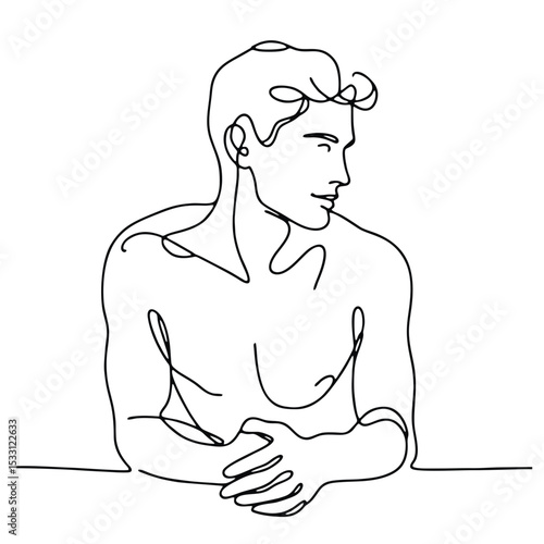 Tenderness — elegant man in emotional theatrical pose, drawn with single black continuous line. Minimalistic sketch conveying profound feelings.