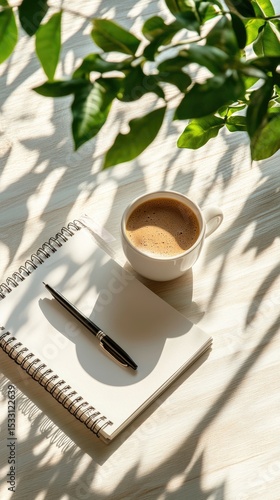 Sunlit workspace featuring a spiral notebook, pen, and coffee cup, dappled with leafy shadows on a light wood surface