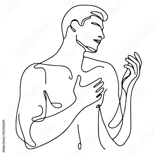 Tenderness — elegant man in emotional theatrical pose, drawn with single black continuous line. Minimalistic sketch conveying profound feelings.