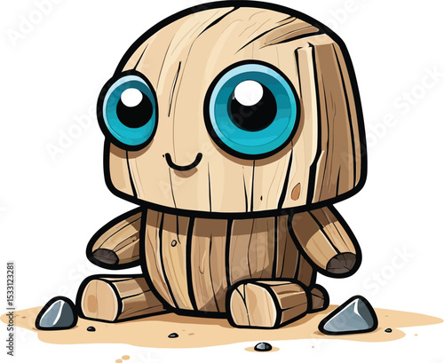 Cute Wooden Character Vector Illustration With Big Blue Eyes Showcasing A Lighthearted And Endearing Design Suitable For Childrens Media Animated Projects And Playful Graphic Design Concepts