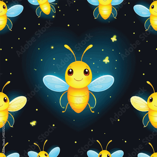 Seamless Pattern Of Cute Fireflies Playful Vector Design For Childrens Products Textiles And Whimsical Backgrounds Featuring Glowing Insects And A Heart Shaped Glow