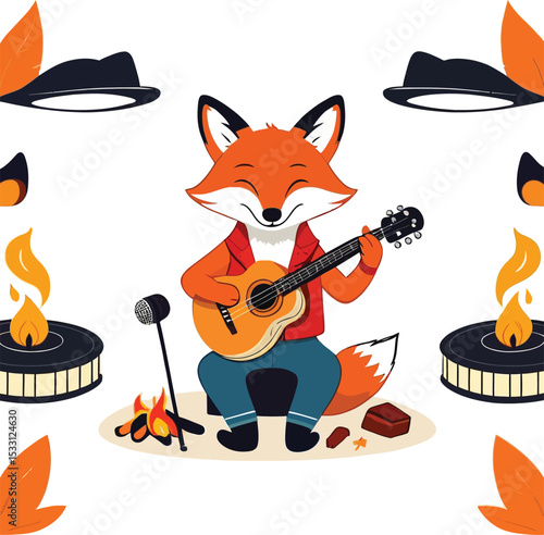 Cartoon Fox Musician Whimsical Illustration For Childrens Books Music Education And Animated Storytelling Projects Depicting A Cheerful Fox Playing Guitar By Campfire Light