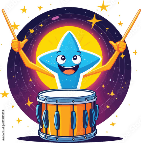 Joyful Star Cartoon Character Playing Drums In Space Whimsical Illustration For Childrens Books Posters And Creative Projects With Musical Theme And Bright Colors