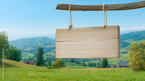 Close-Up of Weathered Wooden Blank Sign Hanging on Rustic Post with Hills and Clear Sky in Peaceful Countryside Setting