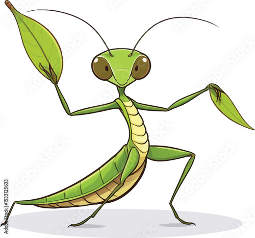 Cartoon Praying Mantis Character Illustration Playful Insect With Leaves For Childrens Books Educational Materials And Nature Themed Designs