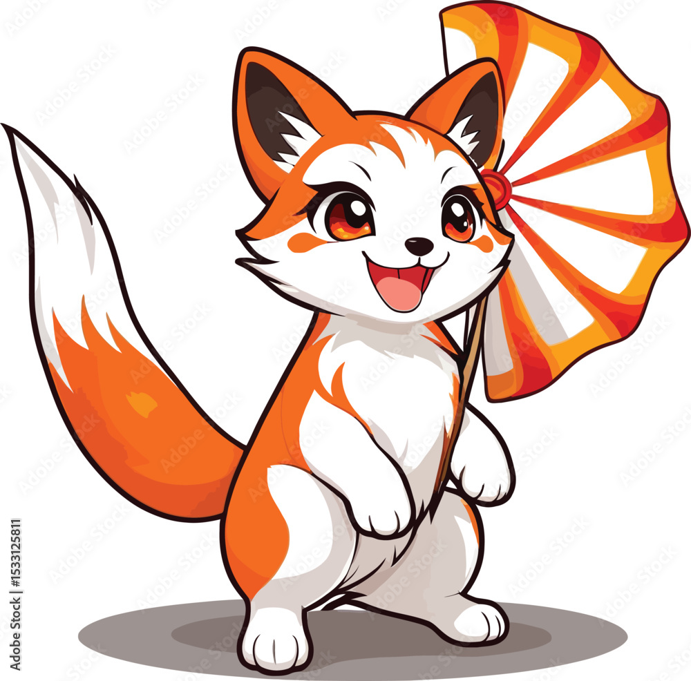 Fototapeta premium Whimsical Cartoon Fox With Parasol Cheerful Animal Illustration For Childrens Designs And Storybooks
