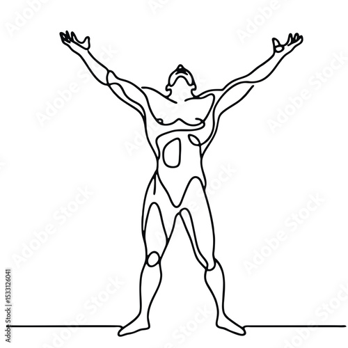 Triumph — man in theatrical emotional victory pose, drawn with single continuous black line. Simple yet expressive minimalism.