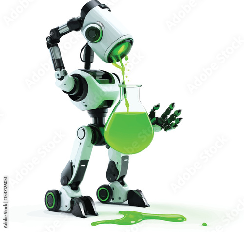 Futuristic Robot Chemist A Whimsical D Rendering Showcases A White And Black Robotic Figure Carefully Pouring A Vibrant Green Liquid From One Container Into A Glass Flask Set Against A Clean White