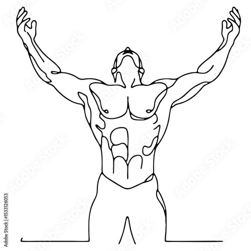 Triumph — man in theatrical emotional victory pose, drawn with single continuous black line. Simple yet expressive minimalism.