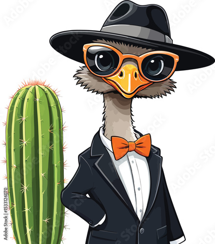 Cartoon Ostrich In Suit And Hat With Cactus Whimsical Character Illustration For Childrens Books Educational Material And Greeting Cards