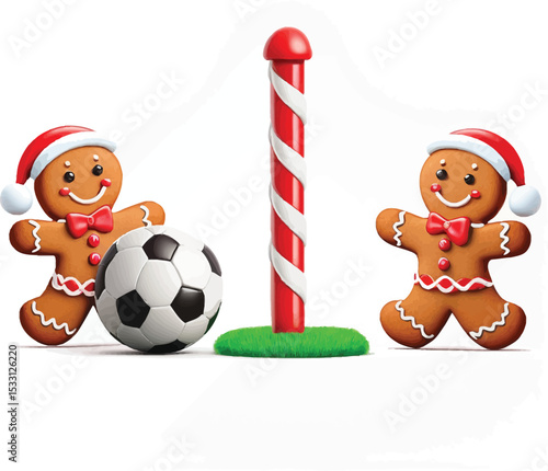 Festive Holiday Soccer Cheerful Gingerbread Men Wearing Santa Hats Play Soccer Near A Candy Cane Goalpost Creating A Fun And Whimsical Scene Ideal For Christmas Sports Promotions And Holiday