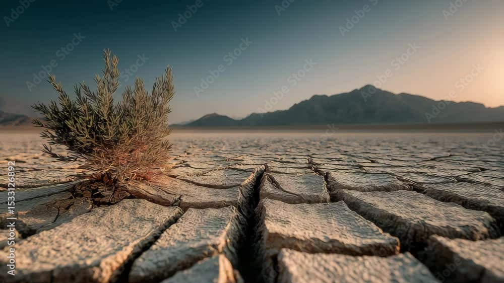Single dry bush growing from cracked desert floor at sunset with cinematic wide shot and forward camera motion, dramatic visual of drought and survival for climate change awareness, environmental Single dry bush growing from cracked desert floor at sunset with cinematic wide shot and forward camera motion, dramatic visual of drought and survival for climate change awareness, environmental