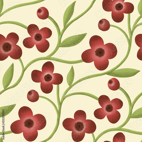 Seamless pattern with red flowers and green leaves on beige background