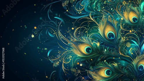 Elegant vector background with glowing abstract peacock feathers in gold and teal tones