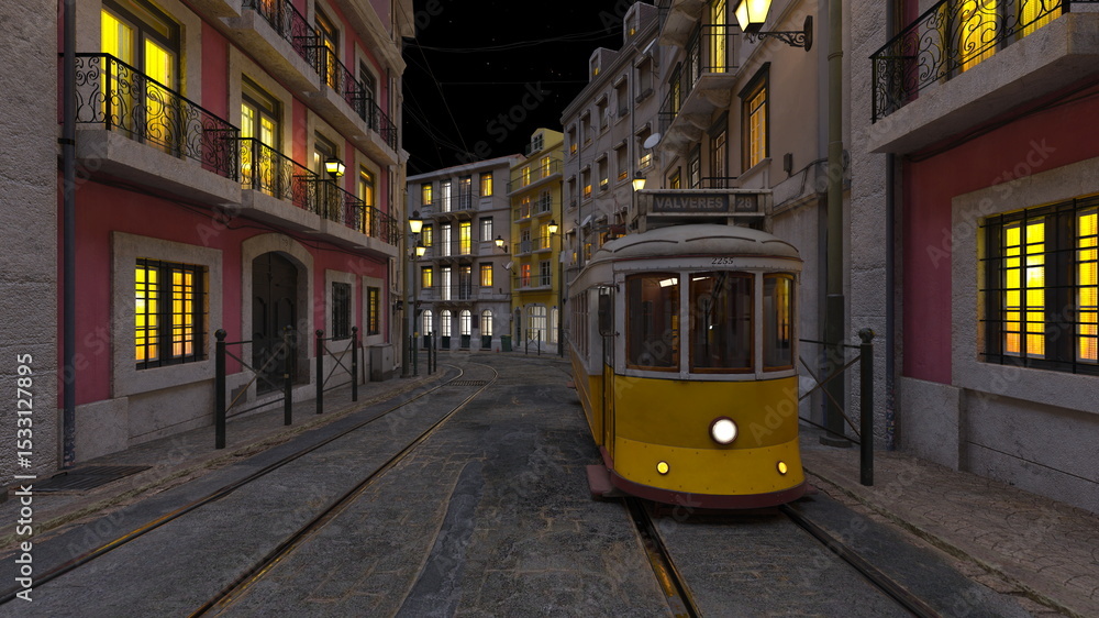 Naklejka premium 路面電車が通る街 3DCGレンダリング 