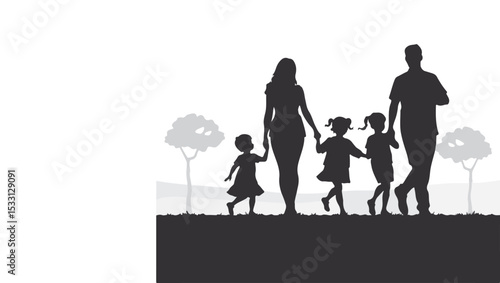 Outdoor family silhouette vector showing parents and kids enjoying nature, walking or playing together in a wholesome moment, minimal flat design on clean white background