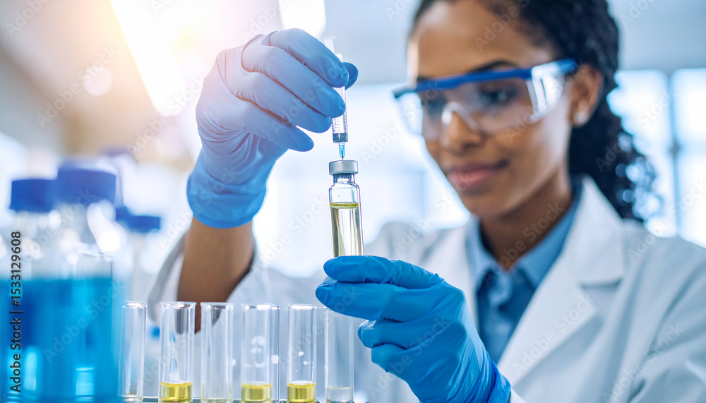 Scientist's Precision: A focused scientist meticulously works with a vial in a bright lab, embodying precision and dedication in her research. Scientist's Precision: A focused scientist meticulously works with a vial in a bright lab, embodying precision and dedication in her research.