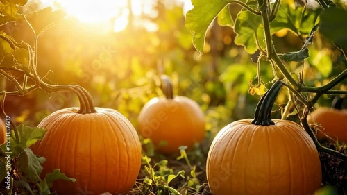 Autumnal harvest scene featuring vibrant orange pumpkins growing amidst lush foliage in a field at golden hour, evoking a sense of abundance and warmth.