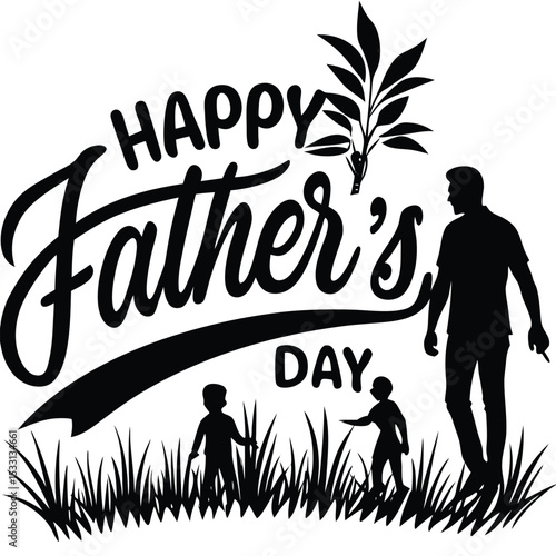 Happy Father's Day Silhouette Design – Dad and Son Holding Hands in Nature Scene