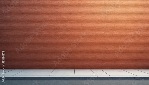 Illustration red brick wall with empty sidewalk in urban setting. Weathered exterior facade conveys classic building construction. Blank space for text. Ideal for architectural, city landscape