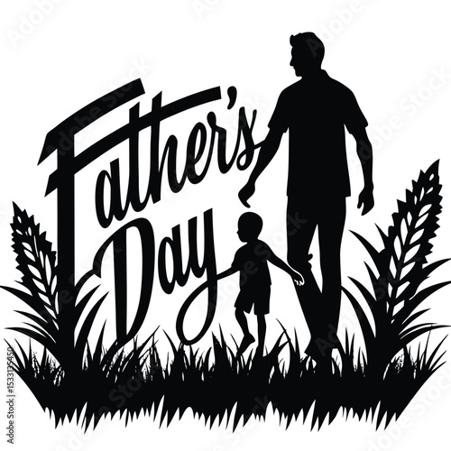 Happy Father's Day Silhouette Design – Dad and Son Holding Hands in Nature Scene