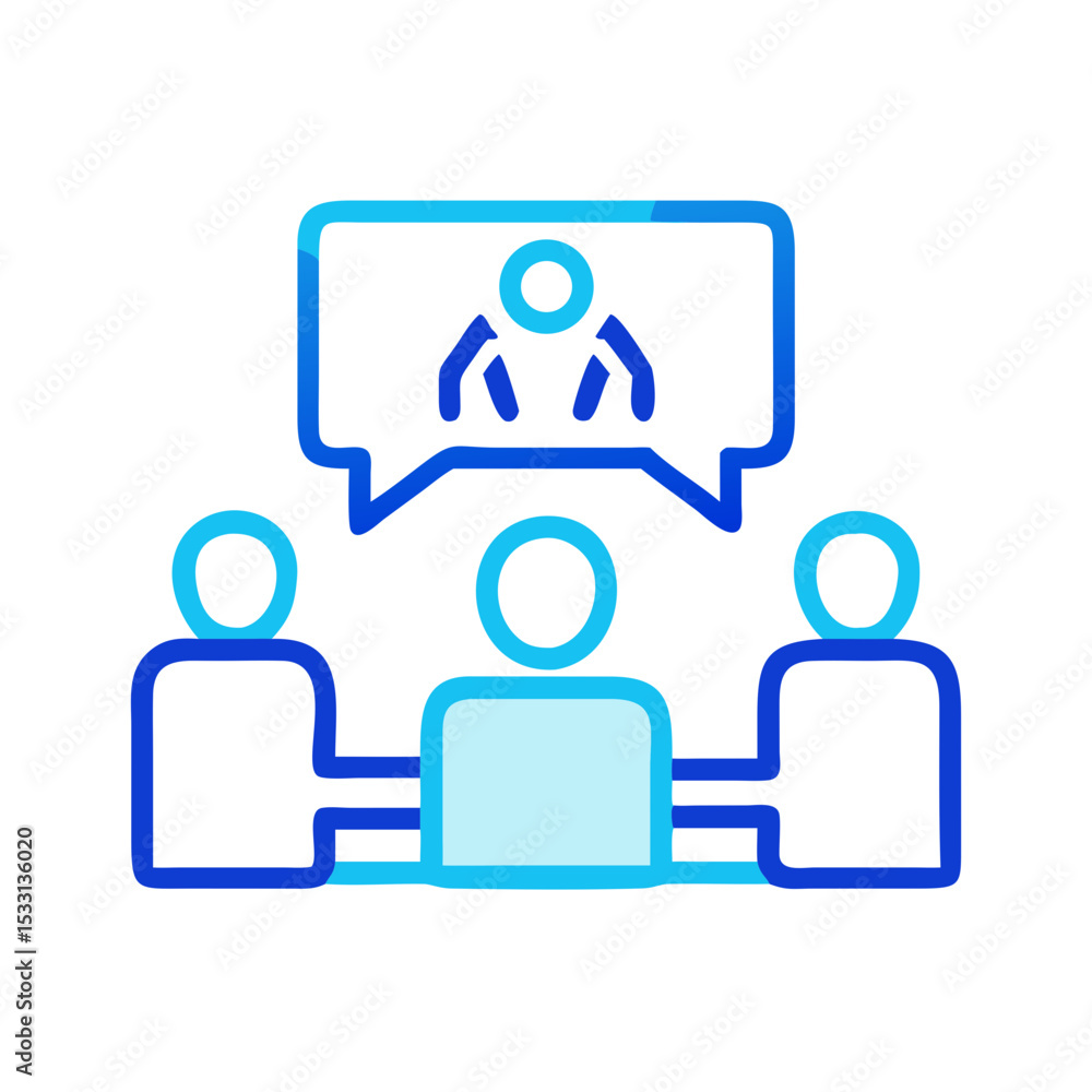 Group of people in video conference with discussion on screen Group of people in video conference with discussion on screen
