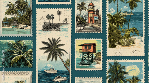 Brightly colored vintage stamps illustrate lush palm trees, coastal lighthouses, and serene islands. This seamless pattern captures the essence of tropical getaways, perfect for summer vibes.