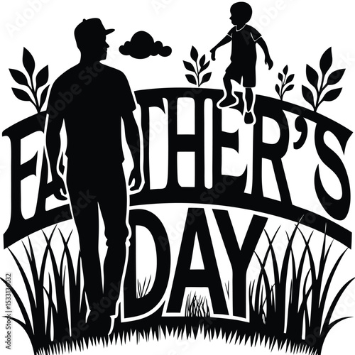 Happy Father's Day Silhouette Design – Dad and Son Holding Hands in Nature Scene