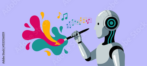 robot generating music and art vector illustration, human-machine collaboration in creative fields and ai in creative arts