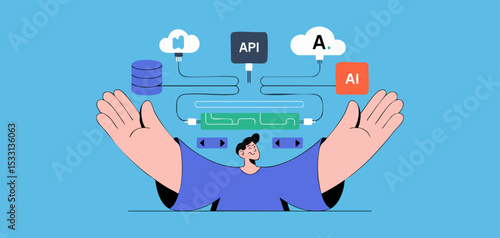 man managing api and cloud services, vector illustration for api management and cloud service integration
