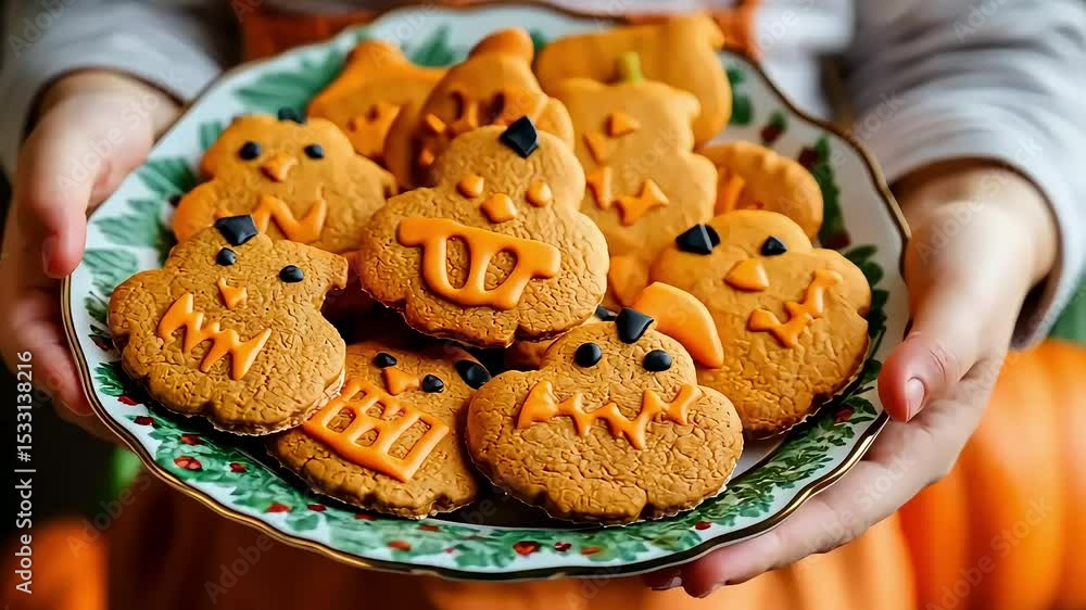 Colorful plate of cookies with smiling pumpkin faces
