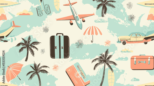 Seamless retro vector background with airplanes, luggage, and tropical travel elements for presentations