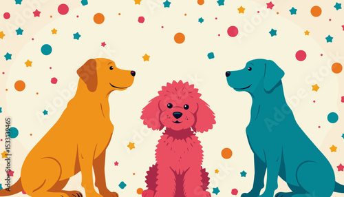 Three colorful dogs sitting together with a cheerful atmosphere and scattered stars on a light background copy space