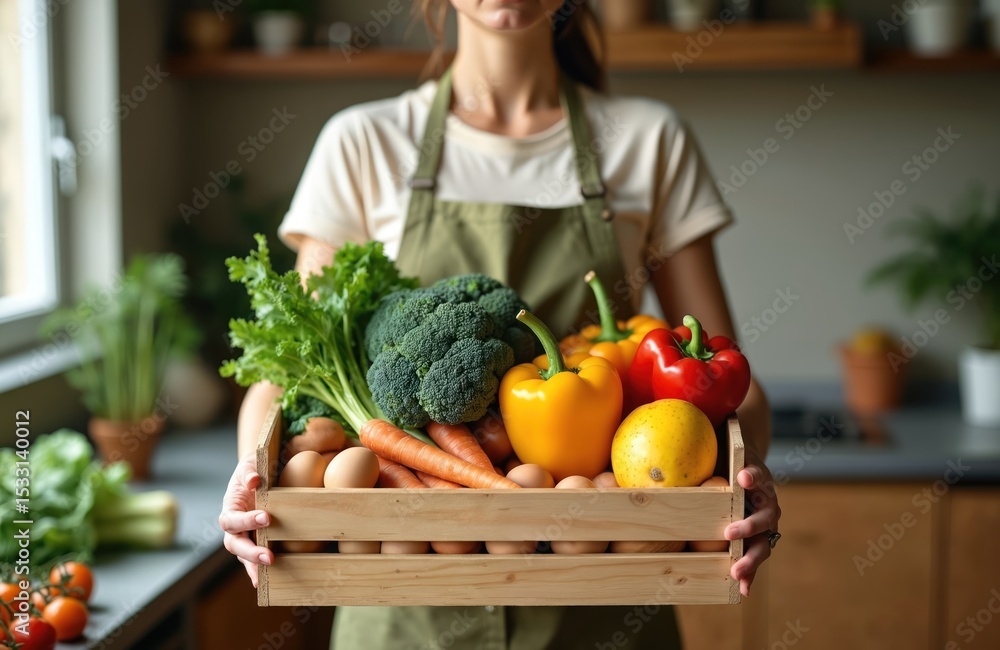 Woman holds wooden crate filled with fresh produce including eggs, broccoli, bell peppers, carrots and lemon. Person standing at kitchen. Healthy organic food. Farm-to-table concept. Woman holds wooden crate filled with fresh produce including eggs, broccoli, bell peppers, carrots and lemon. Person standing at kitchen. Healthy organic food. Farm-to-table concept.
