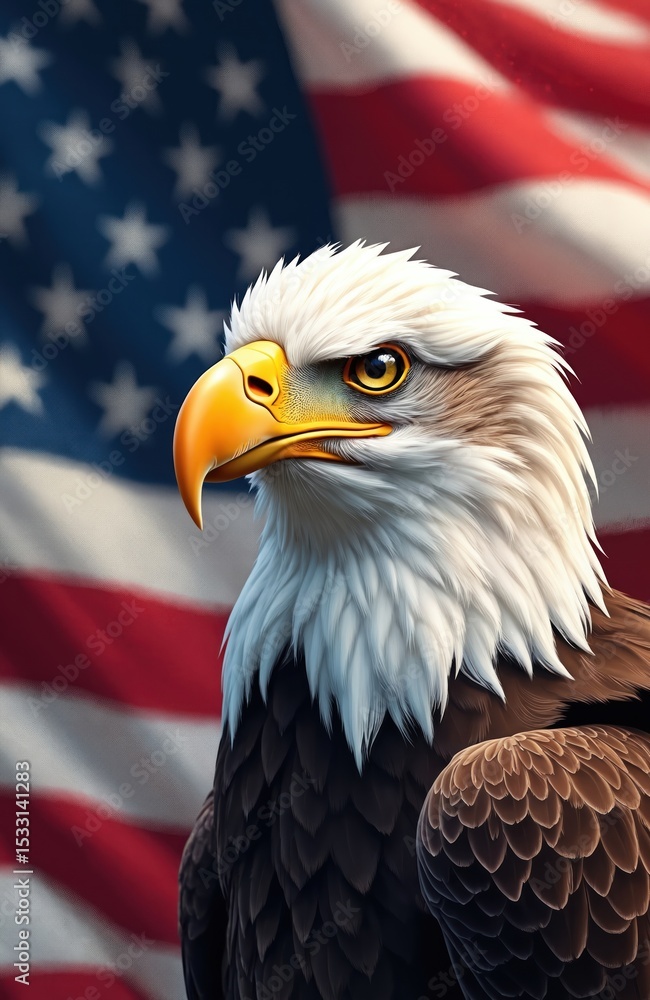 Obraz premium Illustration majestic bald eagle with American flag background. National symbol of United States, representing freedom, strength, patriotism. Ideal for Fourth of July, Independence Day, memorial